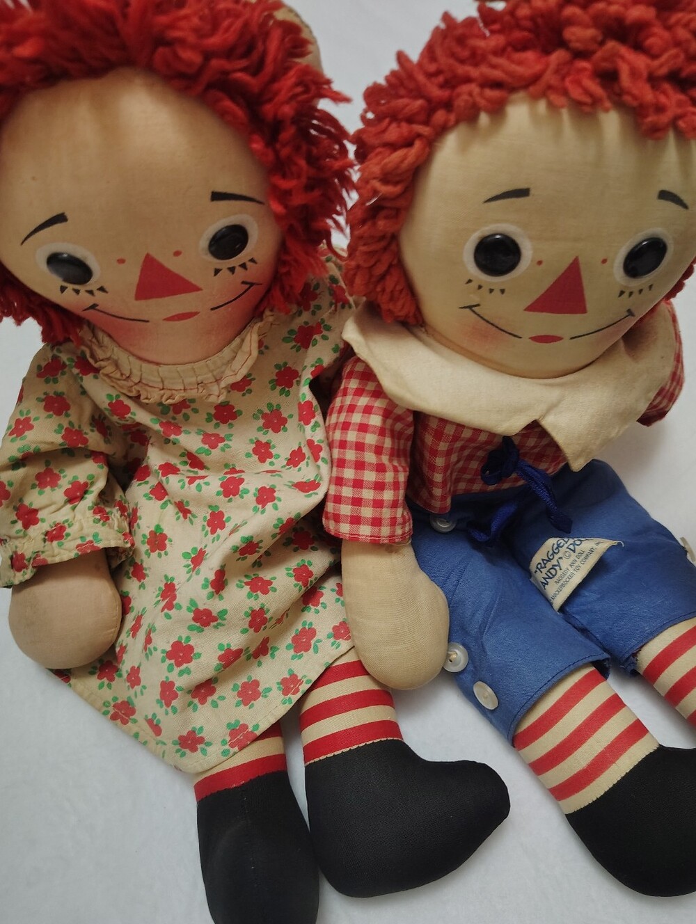 Vintage Raggedy Ann and Andy dolls Set Knickerbocker Cloth Dolls Red Yarn Hair